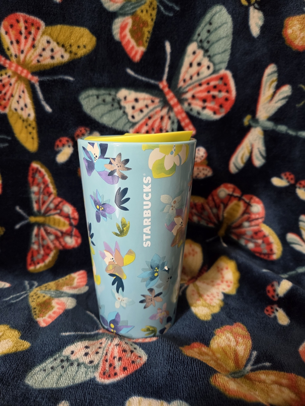 Starbucks Light Blue Floral Travel Cup with Yellow Lid